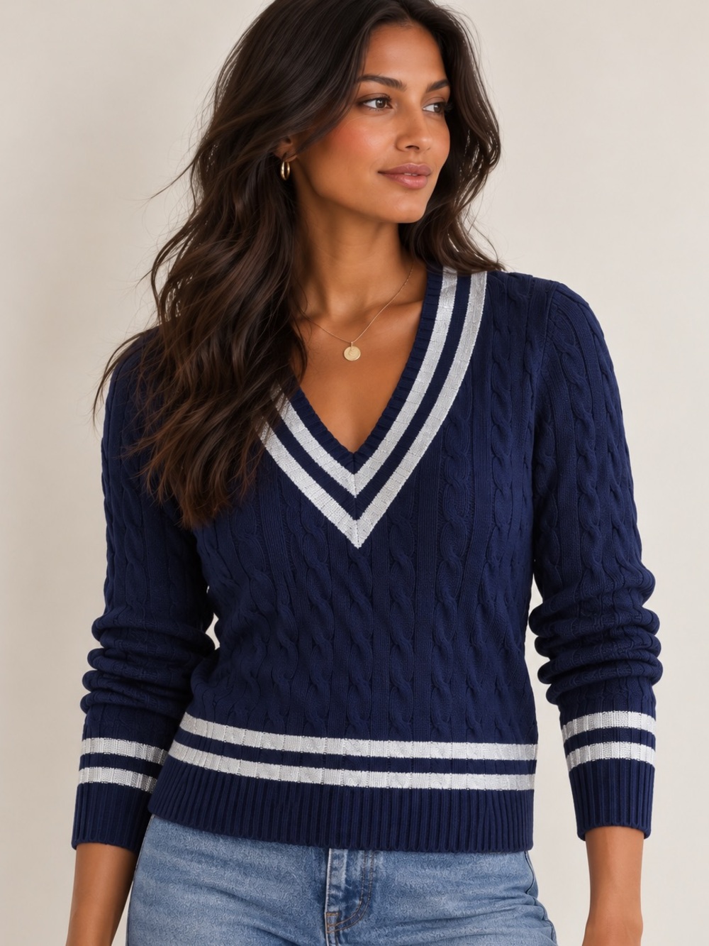 Lauren Ralph Lauren Navy Cable Knit V-Neck Sweater Preppy NWT M